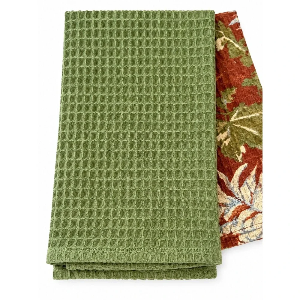 April Cornell Antoinette Dish Towels Set of 3 Brown Green Floral Waffle Weave